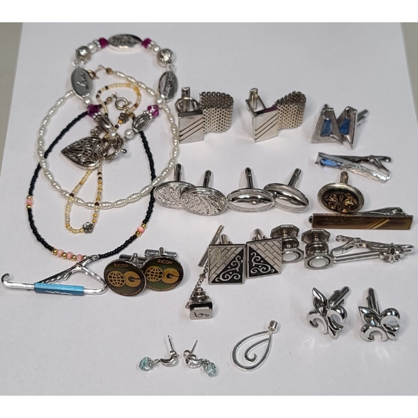 Lot Of Assorted Silver-tone Cuff Links, Tie Clips, & More