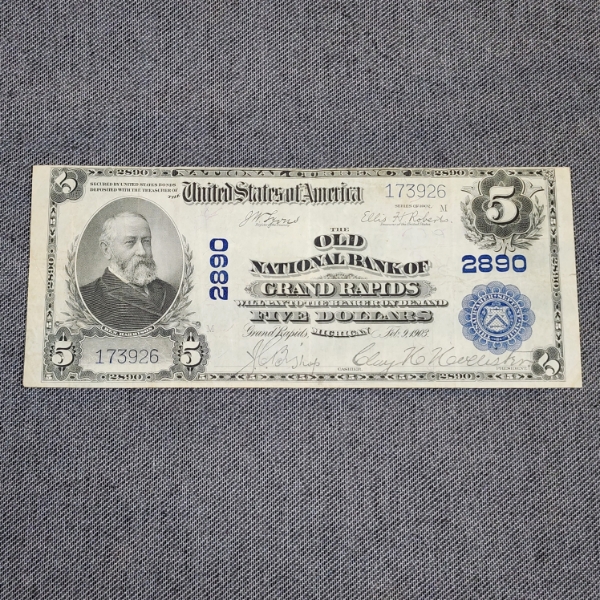 1902 U.S. Large Size $5 National Banknote Issued By The Old National Bank of Grand Rapids MI ~ FR590