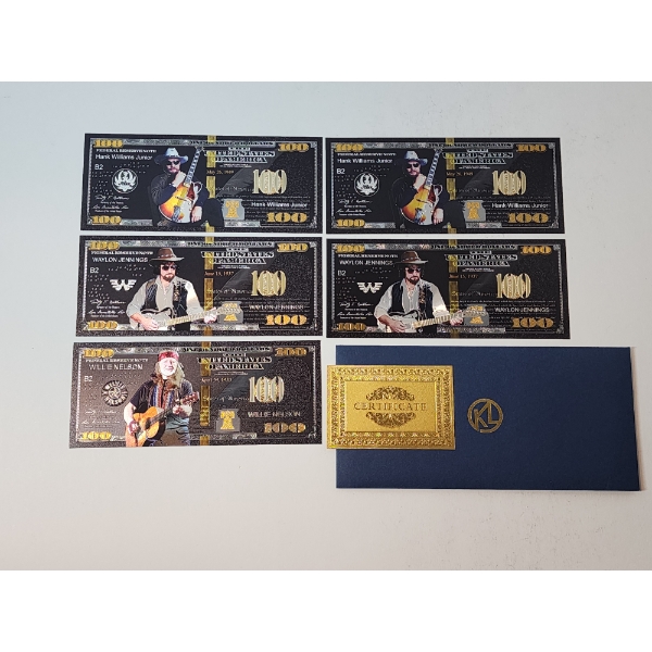 x5 Assorted Classic County Artists $100 24K Gold Plated Banknotes Set w/ CoA