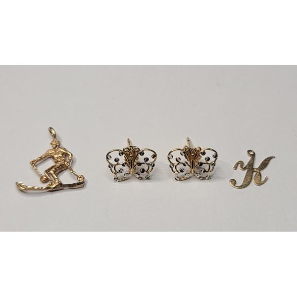 14K Gold Pendants & Two-Tone Butterfly Studback Earrings - Weight: 1.9g