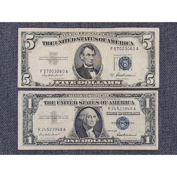1953 $5 Silver Certificate & 1957 $1 Silver Certificate - $6 Total in Silver Certificates 