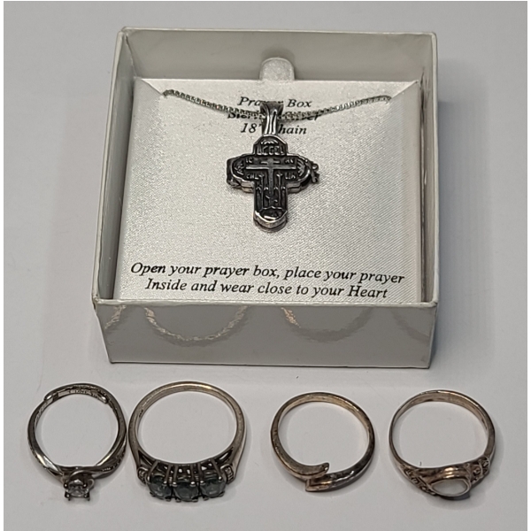 Sterling Silver Rings & Gold Plated Sterling Silver Prayer Box Necklace - Total Weight: 18.0g