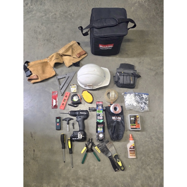 Makita Cordless Drill, Stud Finder, Chalk Line, Level, Tool Belt & Bags, Tape, Glue & Much More All 
