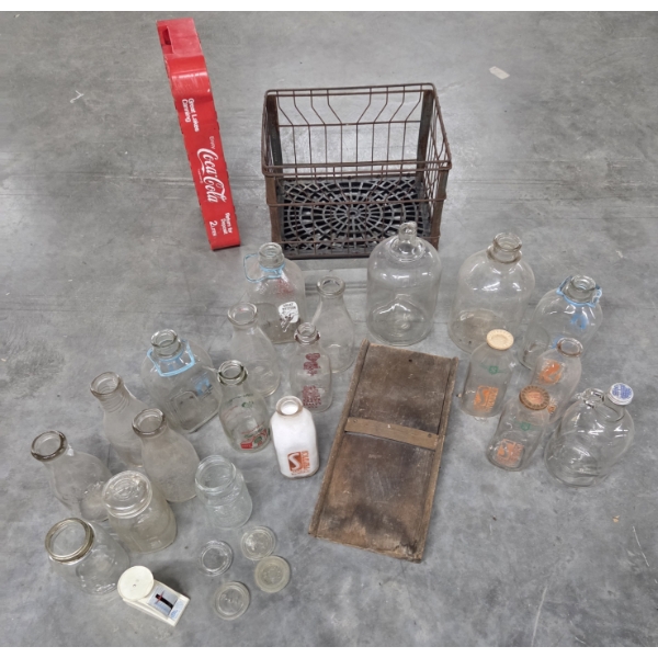 Unique Vintage Group Including Slicer Board, Kitchen Scale, Wire Crate, Glass Bottle Collection & Mo