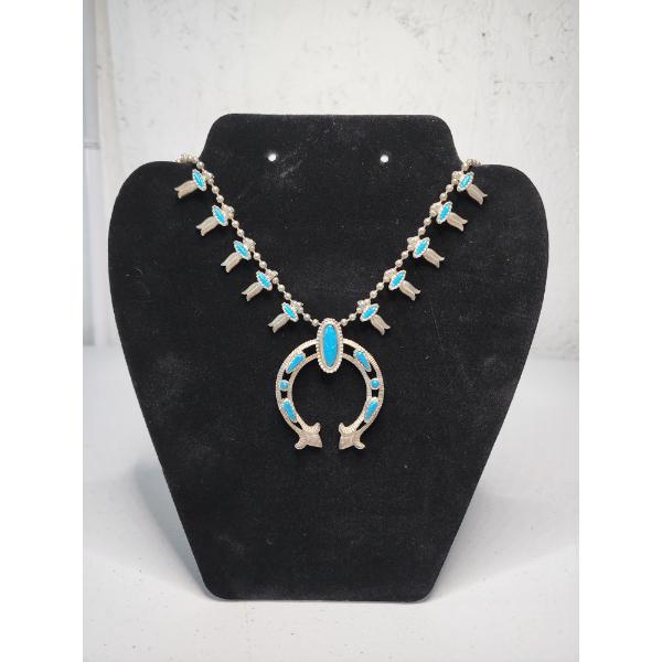 Gorgeous Vintage "Indian Princess Squash Blossom" Silver-Tone and Turquoise Necklace - 24in