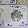 Image 4 : 1936, 1943, & 1960 Canada 25 Cents Silver Coins 80% Silver ASW 0.1500 oz Each