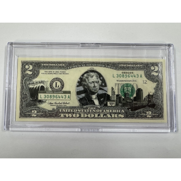 2003 United States Jefferson OREGON $2.00 Bill In Hard Case Holder - Mint Condition - RARE