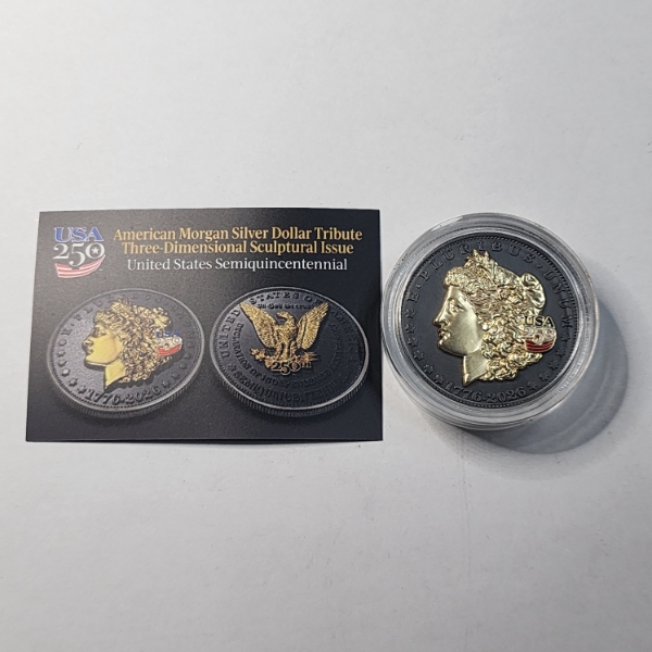 American Morgan Silver Dollar Tribute 250th Anniversary Black Ruthenium & 24K Gold Sculptural Coin