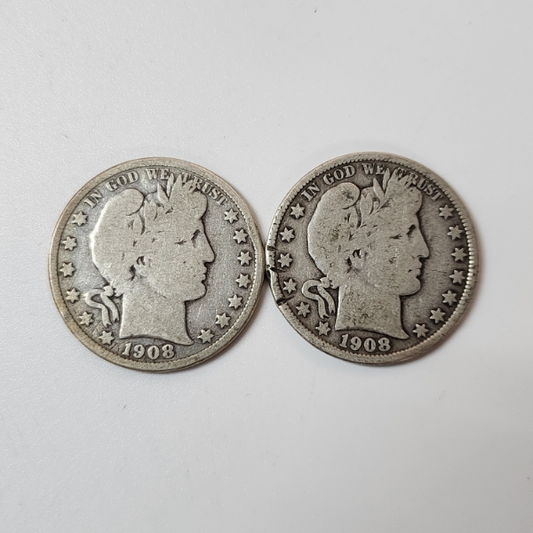Two 1908 U.S. 90% Silver Barber Half Dollars