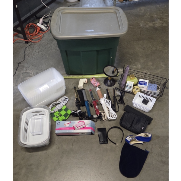 Storage Container With Lid Including Curling Irons, Storage Tubs, Lint Shaver, Mirror And More!