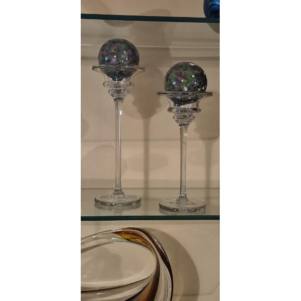4 Pc Lot - 2 Tall Crystal Candlesticks & 2 Art Glass Iridized Gazing Balls As Shown