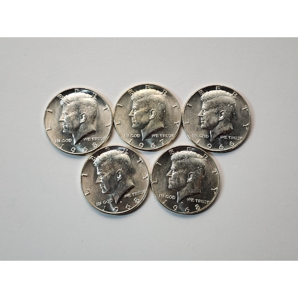 x5 Assorted Years Kennedy Half Dollars 40% Silver Face Value $2.50