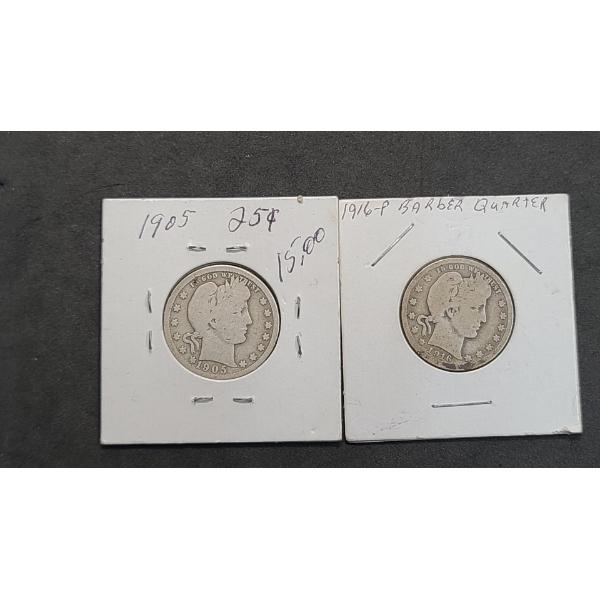 1905-P & 1916-P Barber 90% Silver Quarters - Face Value: $0.50