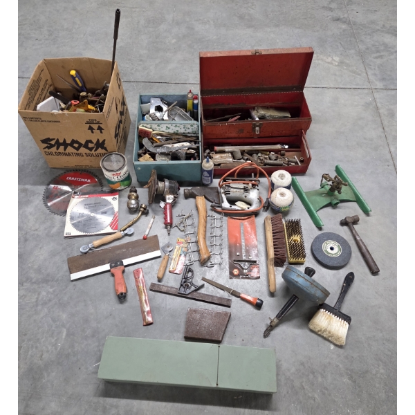 Huge Tool/Garage Collection Including Drain Snake, 20'' Toolbox, Lawn Sprinkler, Saw Blades & More