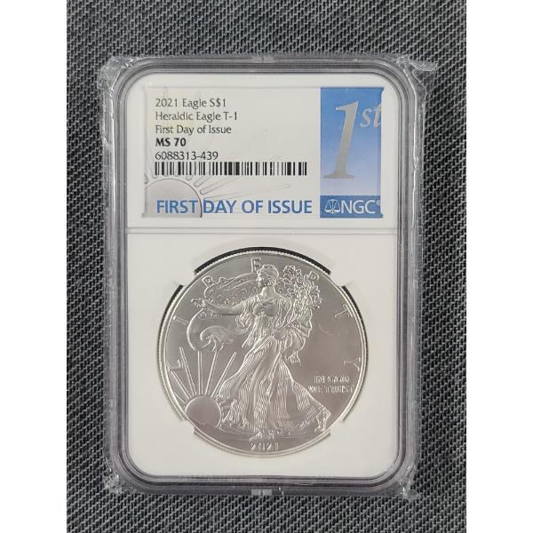 NGC MS70 2021 1 Oz Silver Eagle Round Heraldic Eagle T-1 First Day of Issue