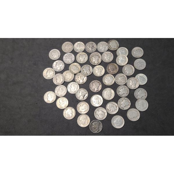 Assorted Years/Mint Marks 90% Silver Mercury & Roosevelt Dimes- Face Value: $5.00