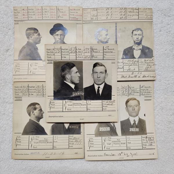 INTERESTING!!! Collection of 5 Antique MUGSHOT Bertillon Criminal Booking Sheets