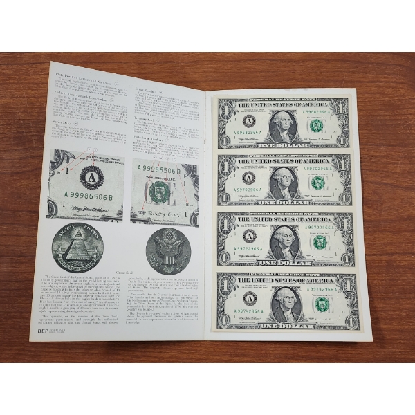 Uncut Sheet of 1999 United States $1 Federal Reserve Bureau of Engraving & Printing ~ $4 Face Value