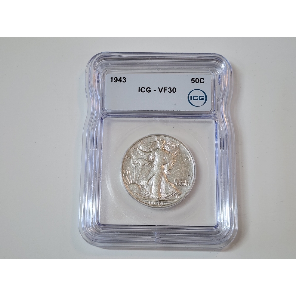 ICG GRADED VF30 1943 Walking Liberty 90% Silver Half Dollar 