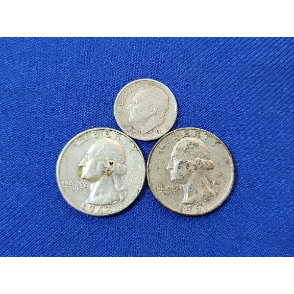 Three U.S. 90% Silver Coins: 1961 & 1962 Washington Quarters, 1960 Roosevelt Dime 