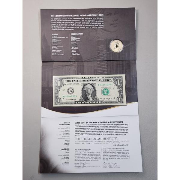 2015 American $1 Coin & Currency Set Including: 2015 Sacagawea $1 Coin & 2013 $1 Note