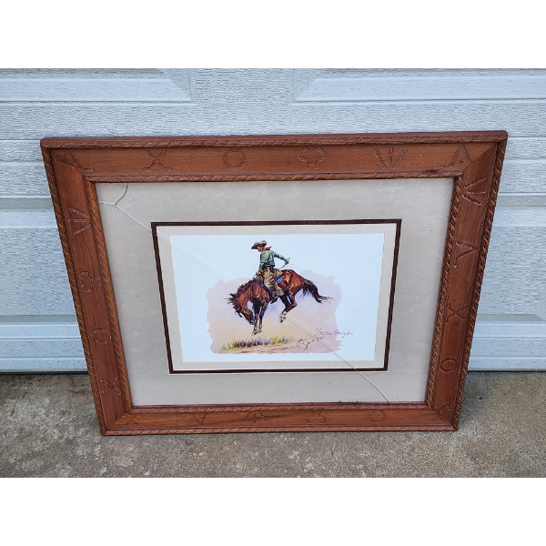 Vintage Wood Framed Fredrick Remington Print "A Sun Fisher" *Glass is Cracked as Shown*