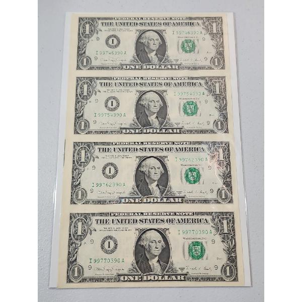 Uncut Sheet of United States $1 Federal Reserve Notes FV: $4.00
