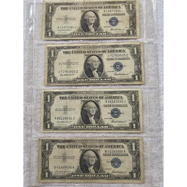 Four $1 Silver Dollar Currency Notes with Blue Seals - AFV $4