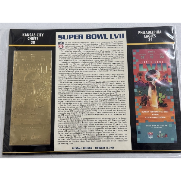 Authentic 2023 Super Bowl LVII NFL Football Ticket & 24K Gold Plated Ticket - Mint Condition