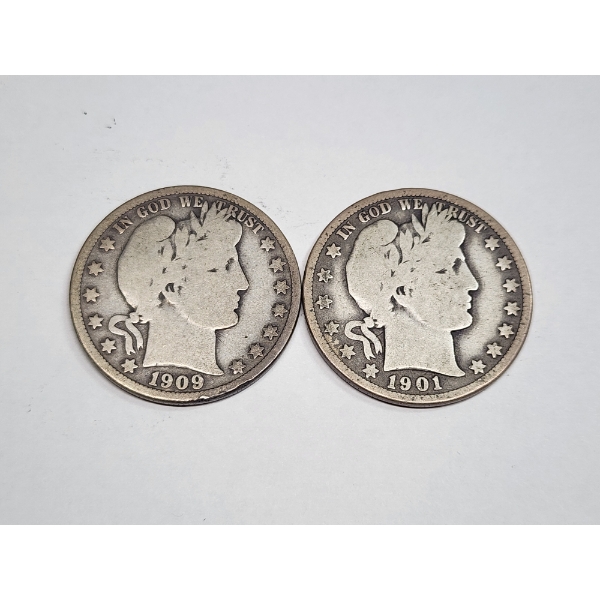 Two U.S. Barber Half Dollars: 1090-O & 1901 - 90% Silver - FV: $1.00