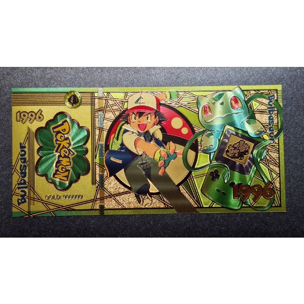 .999 GOLD FOIL JAPANESE ANIME' "BULBASAUR" POKEMON NOTE - IN PROTECTIVE SLEEVE