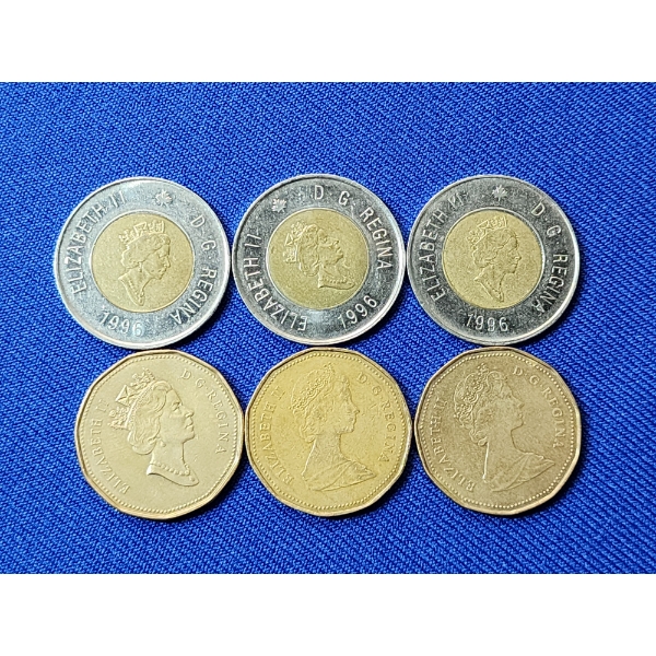 x6 Canadian Coins (3) 1996 $2 Coins & (3) $1 Coins 1990, 1987, 1987 FV: $9.00 Canadian 