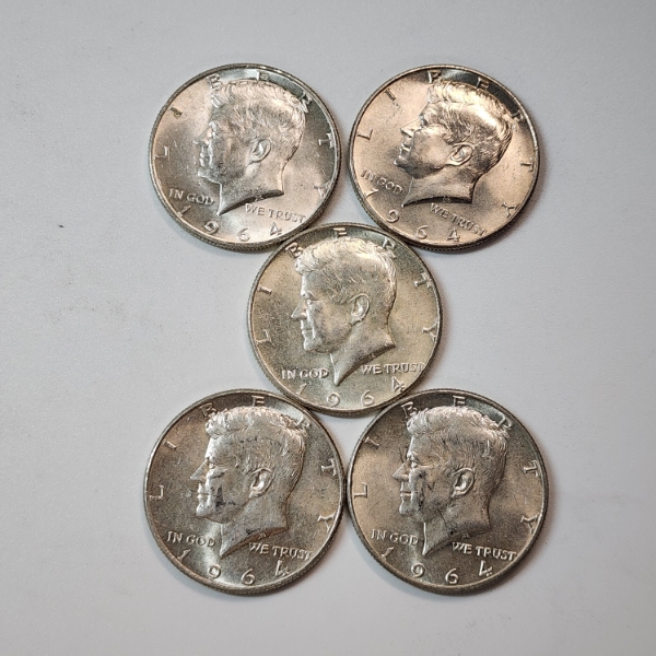 Five Assorted Years 90% Silver Kennedy Half Dollars - Face Value: $2.50