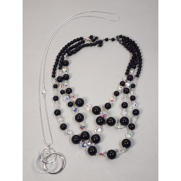 2 Fashion Necklaces: Silver-Tone With Interlocking Rings & Black and Clear Beaded 