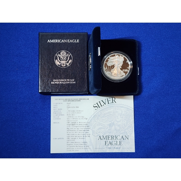 1997-P Silver American Eagle Proof $1 - 1 Troy oz .999 Fine Silver w/ Box & CoA