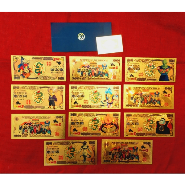 Japanese Anime' 11 Pc Set of 24k Gold Foil DRAGON BALL Z  - 10000 Yen Notes (Real Gold Foil) 
