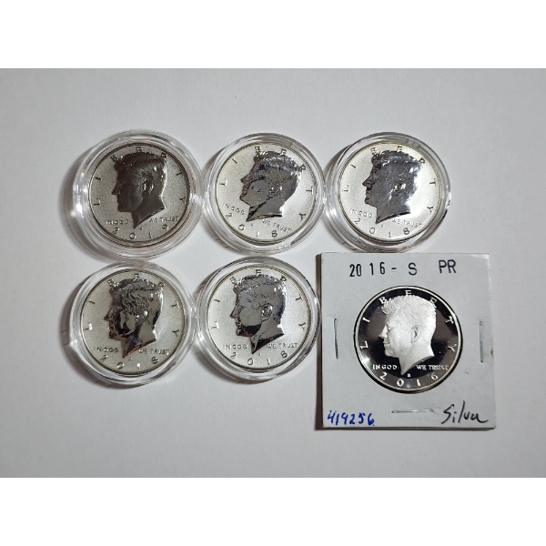 (6) 2016/2018/2019-S Silver Proof Kennedy Half Dollars Face Value: $3.00