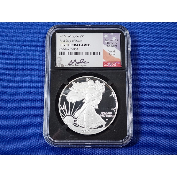 2022-W NGC PF ULTRA CAMEO Silver Eagle FDOI - 1oz Fine Silver - Ryder Signed!