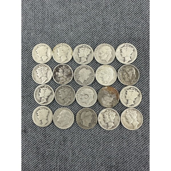 Assorted 90% Silver Dimes - Barber, Mercury, & Roosevelt - $2.00 Face Value