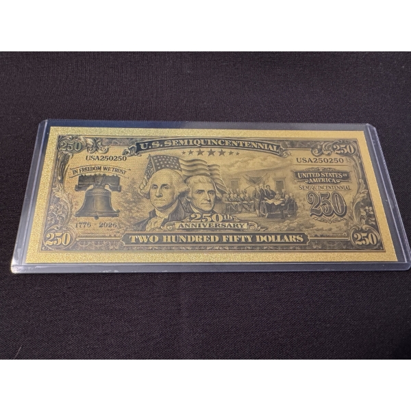 INCREDIBLE .999 Fine GOLD FOIL U.S. 250TH ANNIVERSARY NOTE IN PROTECTIVE HOLDER - MINT CONDITION