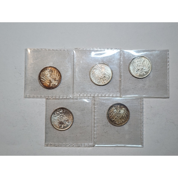 x5 German 1 Mark Coins - 90% Silver Total ASW: 0.803 oz