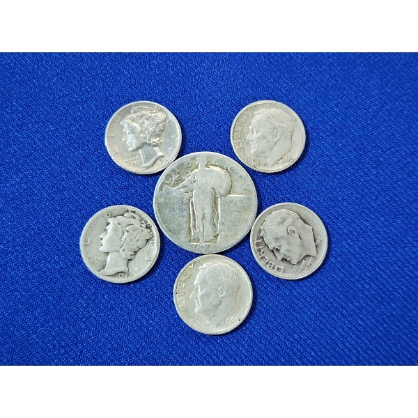 Assorted 90% Silver U.S. Coins: Dimes & Standing Liberty Quarter FV: $0.75