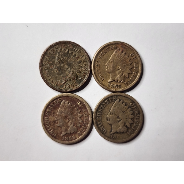 Four Assorted Earlier Indian Head Pennies With Various Dates & Conditions!