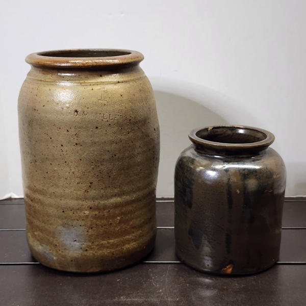 Two Smaller Stoneware Crocks ~ D.Miller Stamp & Unstamped ~ One Standing 11 Inches Tall & One 7 In.