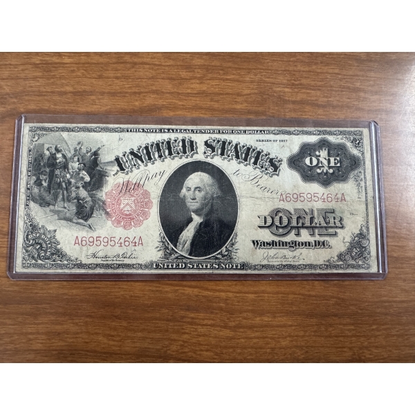 1917 United States $1 Legal Tender Sawhorse Note Red Seal In Holder