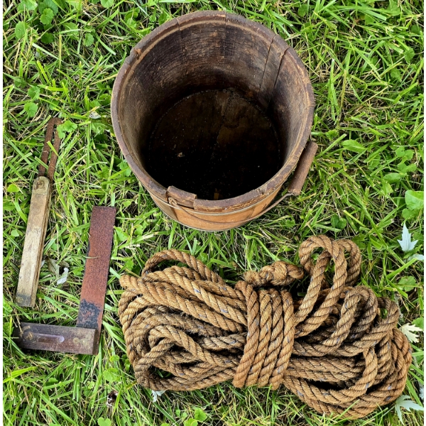 Vintage Wooden Bucket, Rope and Tools