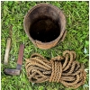 Image 1 : Vintage Wooden Bucket, Rope and Tools