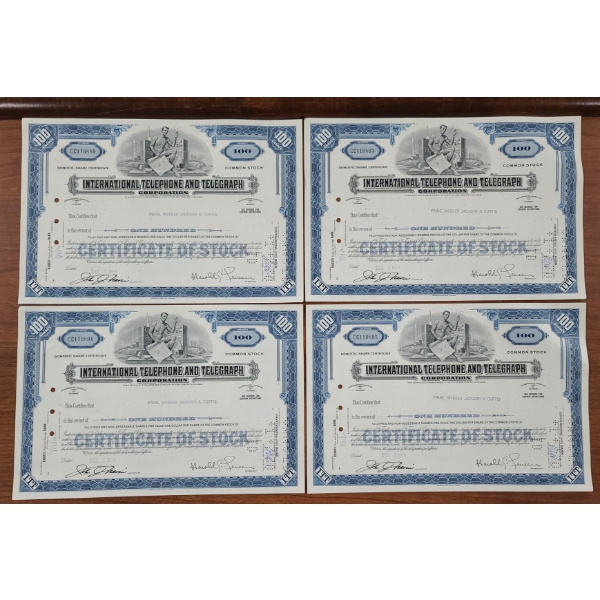 Lot of Four 1960's International Telephone & Telegraph Corporation 100 Shares Stock Certificates 