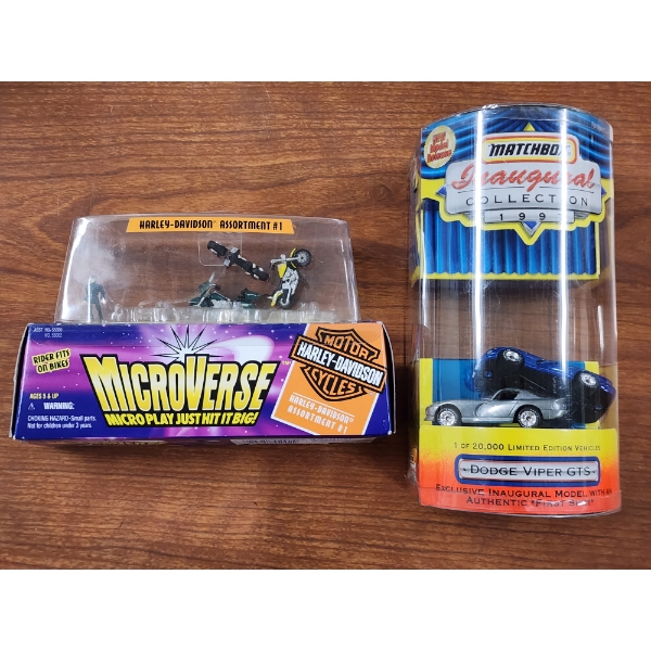 Two NEW IN THE BOX Collectible Toy Vehicles Ft. Harley Davidson Rider & Bikes With Two Matchbox Cars