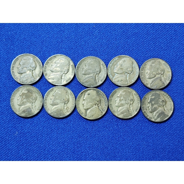 x10 Assorted Years Jefferson Wartime Nickels FV: $0.50